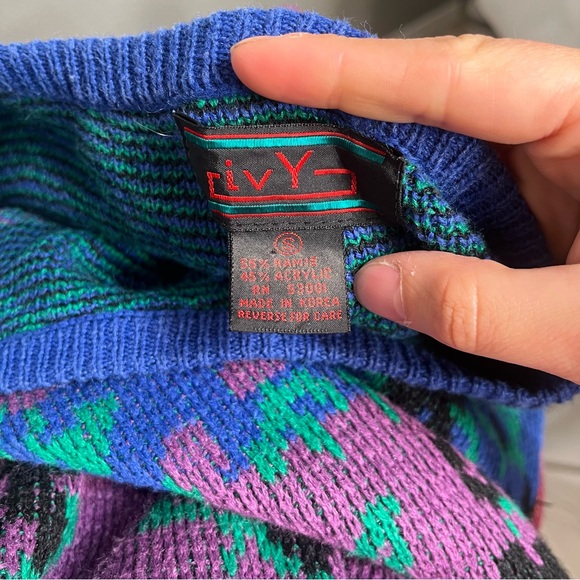 Vintage 80s Colorful Knit Sweater Dress Floral Print - Picture 3 of 3